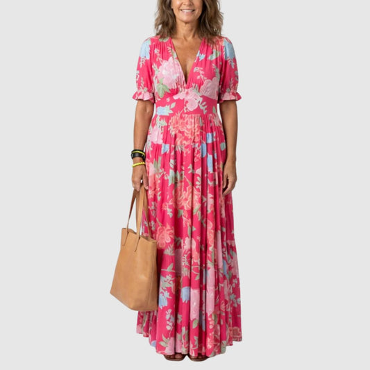 Ione | Short Sleeve V Neck Floral Midi Dress