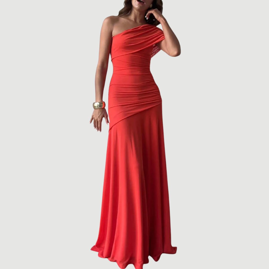 Elegance Effortless  Mesh Off Shoulder Ruched Stretch Maxi Dress