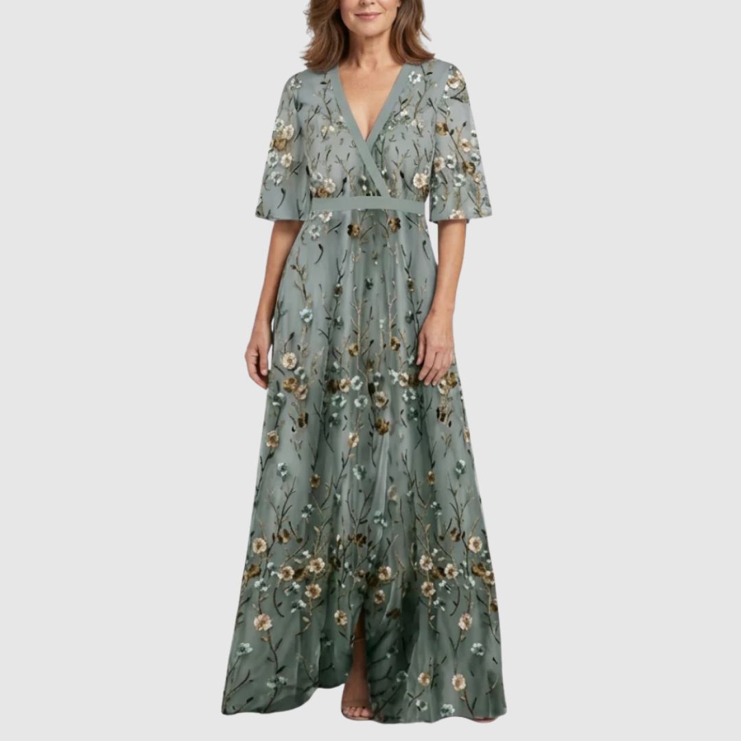 Evadne | Embroidered V Neck Maxi Dress