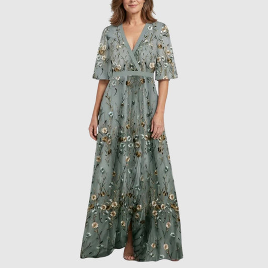 Evadne | Embroidered V Neck Maxi Dress
