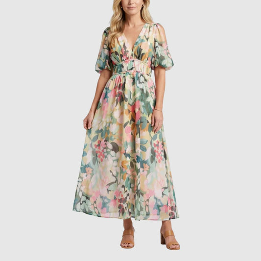 Eulalie | V Neck Short Sleeve Gathered Waist Midi Dress