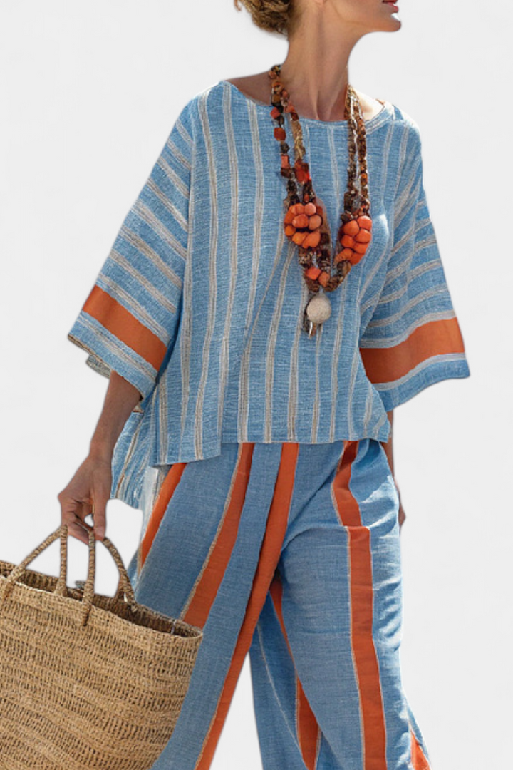 Velmere | Sophisticated Terracotta Striped Top & Linen Pants