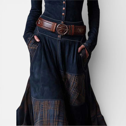 Leonora | Vintage Long Dress in Navy Blue Suede Check (Includes Belt)