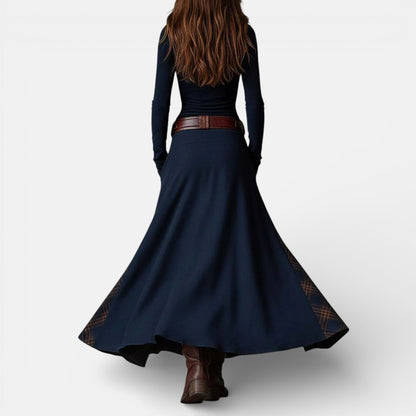 Leonora | Vintage Long Dress in Navy Blue Suede Check (Includes Belt)