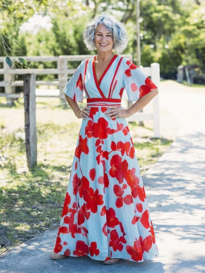 Stella & Grace™ | V Neck Short Sleeve Floral Maxi Dress